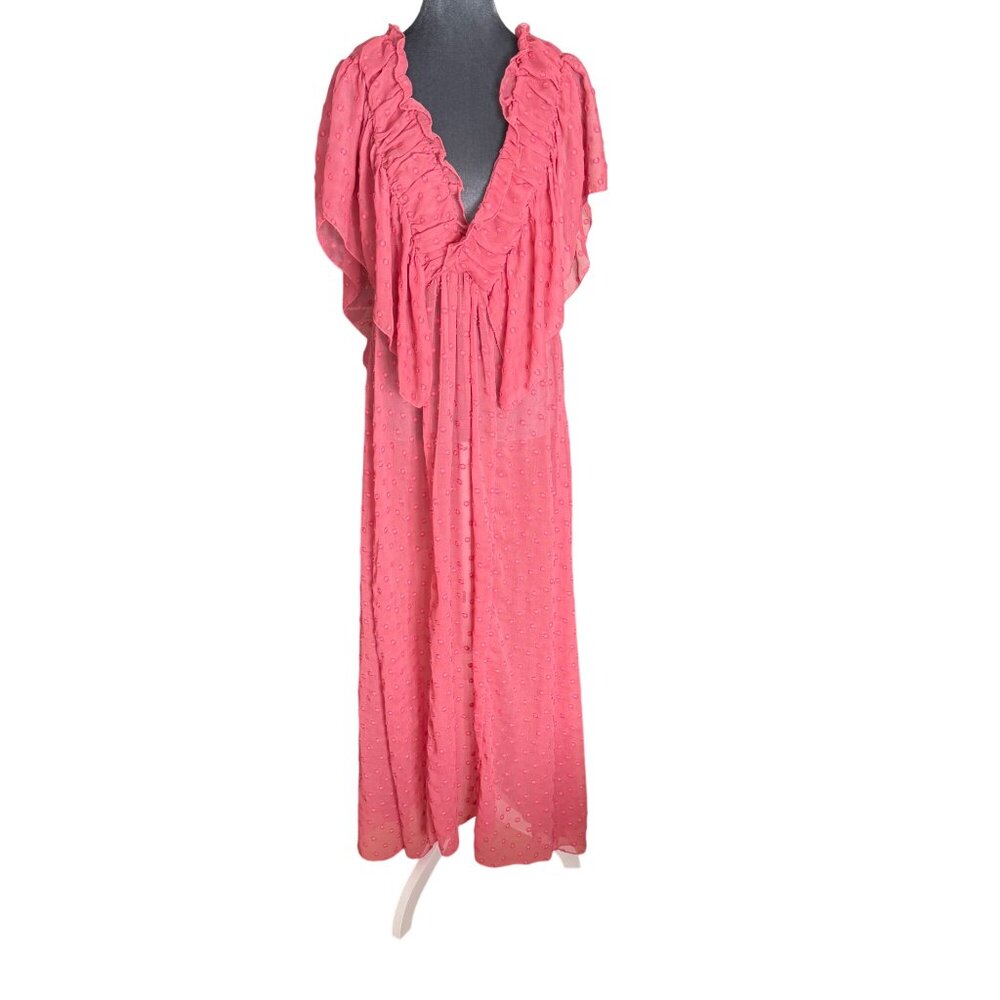 Chiffon Polka Dot Ruffle Maxi Dress Pink V-Neck
